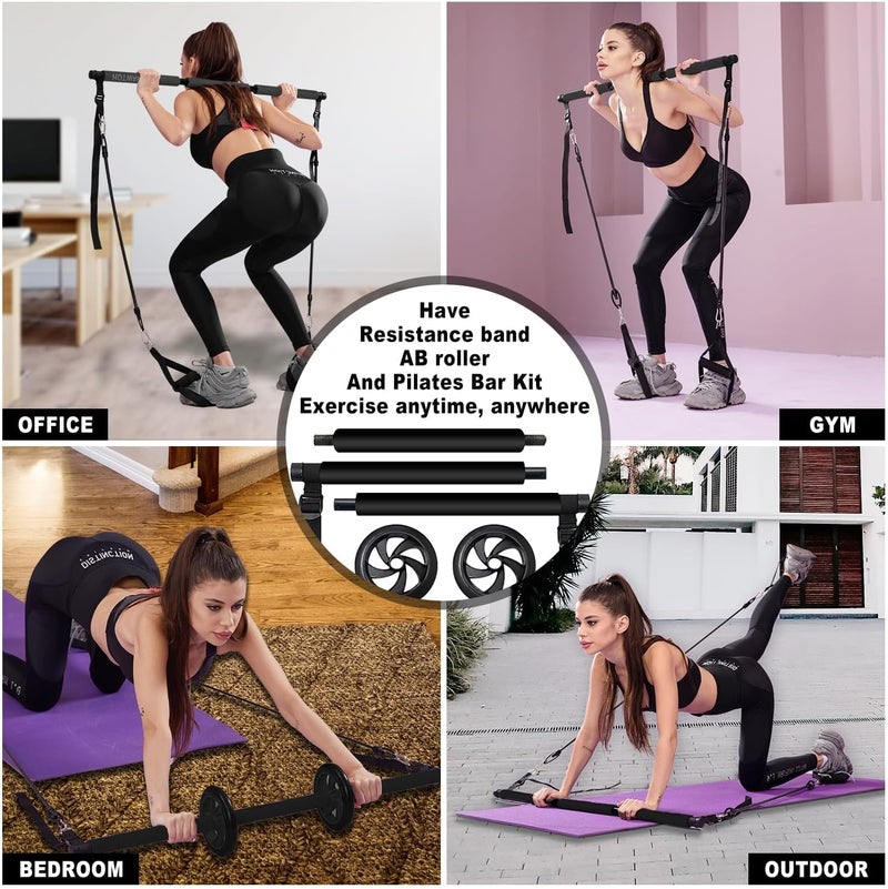 OSCILLATING SLIM Pilates bar kit Multiple Fitness bar with Resistance Bands, Ab Rollers.Core Strength Training Equipment. Squat Machine for Men and Women.Portable Home Gym Pilates bar kit for Full Body Training Women - Image 4